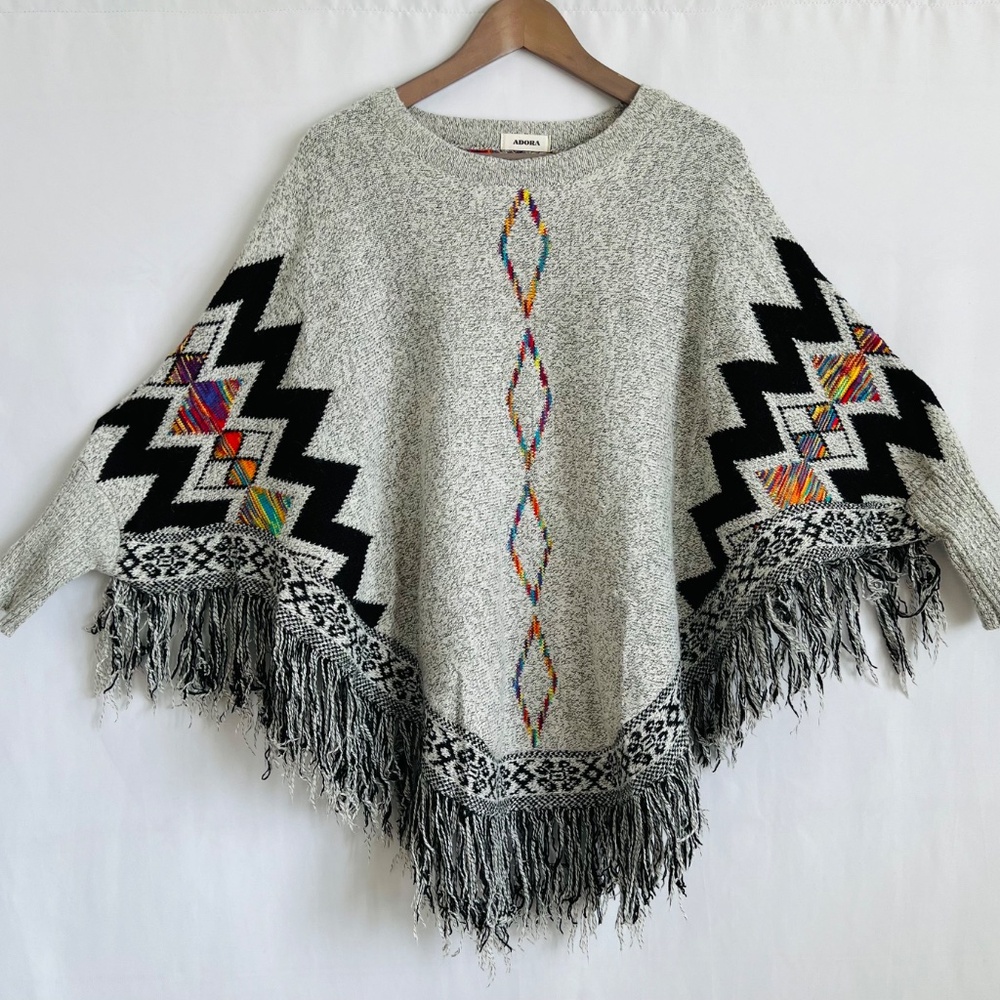 ADORA Southwestern Knit Fringe Poncho Sweater Boho Aztec Grey Rainbow S/M